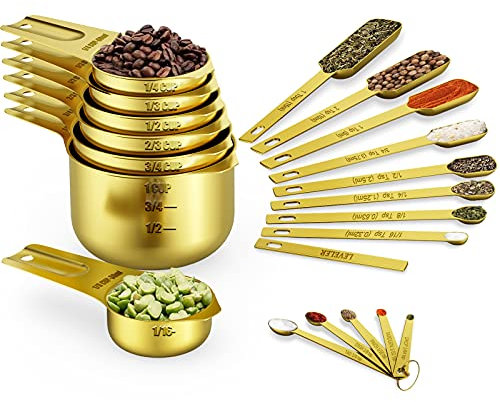 Wildone Gold Measuring Cups & Spoons Set of 21 - Includes 7 Stainless Steel Nesting Measuring Cups, 8 Measuring Spoons, 1 Leveler & 6 Mini Measuring Spoons, Ideal for Dry & Liquid Ingredients