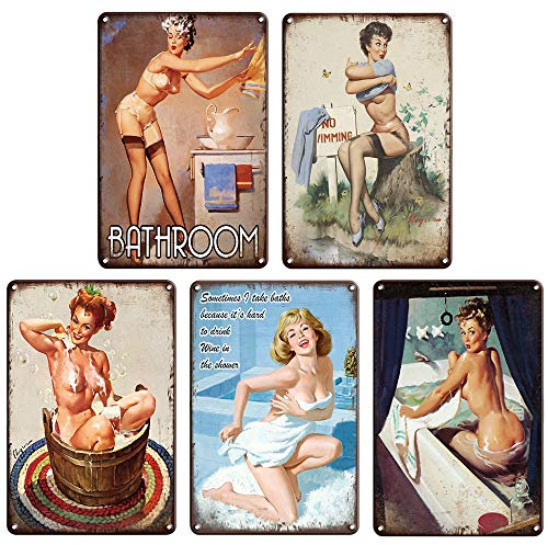5 Stück Vintage MetallBlech Wandschild, Blech Metall Schilder Poster, Pinup-Mädchen-Muster, Retro-Wanddekoration, Kunst-Blechschild für Badezimmer, Zuhause, Café, Bar, Restaurant, Pub