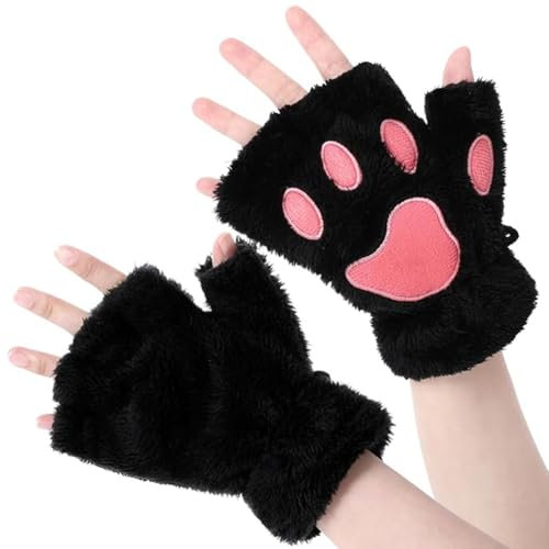 ITODA Women Cat Paw Gloves Fingerless Furry Paws Gloves Girls Cute Winter Plush Mittens Short Fleece Cold Weather Hand Warmer for Halloween Cosplay Party Fancy Dress
