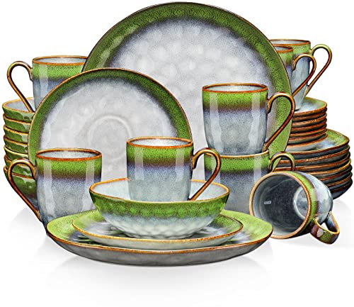 vancasso STARRY Juego de Vajilla Completa de 32 Piezas, Platos Vajilla de Esmaltado Reactivo in Gres para 8, con Platos Llanos, Platos de Postre, Tazones de Cereales e Tazas de Café, Verde Degradado