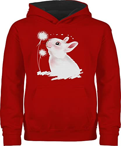 Shirtracer Pullover Kinder Hoodie Jungen Mädchen - Hase mit Pusteblume I Kaninchen I Osterhase I Oster Hase I Häschen - 152 (12/13 Jahre) - Rot/Schwarz - osterhasen Hasen Pulli hasenmotiv Bunny