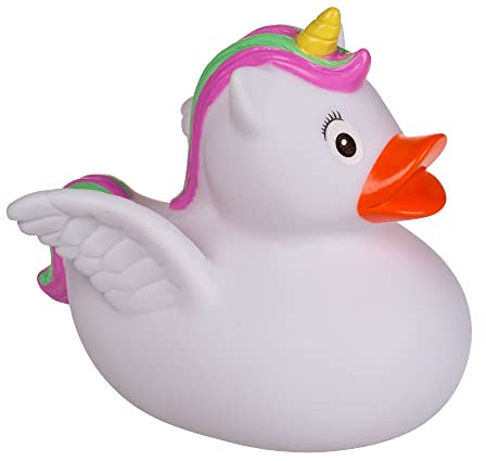 PhiLuMo Einhorn Badeente/Quietscheente - gelbes Einhorn mit bunter Mähne - 9,5 x 8,5 cm