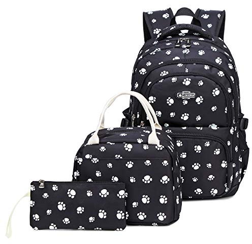 SIVENKE Backpack for Girls Middle School Bag Lunch Bag Set Lightweight Kids Bookbag with Cute Pawprint Water Resistant
