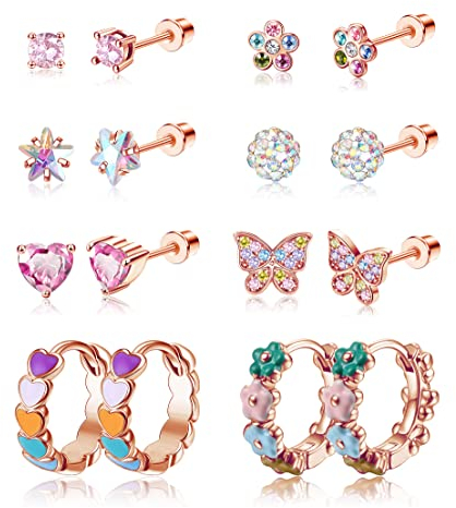 ORAZIO 8 Paare Hypoallergene Screwback Ohrringe Ohrstecker für Frauen Mädchen 316L Edelstahl CZ Herz Hoop Ohrringe süße Blume Schmetterling Schraube Zurück Ohrstecker Set 20G