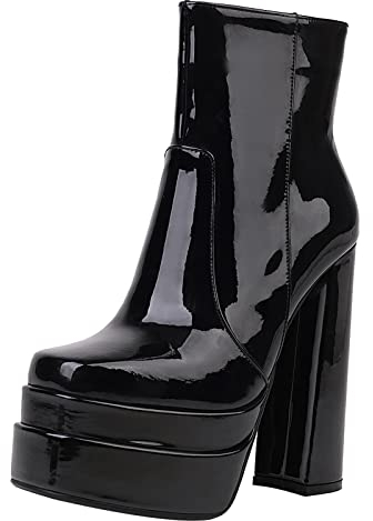 JR.catning Damen Stiefeletten Damen Blockabsatz Stiefeletten Damen Square Toe Stiefeletten Damen Plateau Stiefeletten Schwarz-Qp Gr 36 Eu