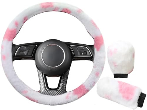 3 Stück flauschige Kuh-Lenkradbezug, weicher pelziger Plüsch, Winter, warm, Fahrzeug-Lenkradschutz, Wärmer mit Handbremse, Gangschaltung, Plüschbezug, universal, passend für 37–38 cm