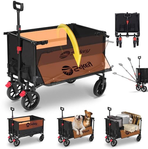 Sekey Folding Festival Trolley with Brake, 330LB Capacity Heavy Duty Beach Cart, Breathable & Quick-Dry, 200L Camping Wagon on All-Terrain Wheels, Adjustable Handle, Drink Holders, Black&Orange