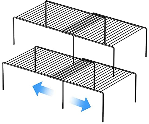 GEDLIRE Kitchen Cabinet Expandable Shelf Organizers Set of 2, Adjustable Metal Wire Pantry Storage Shelves, Plate Dish Organizer Rack for Cabinets, Cupboard, Counter, Freezer, Countertop, Black
