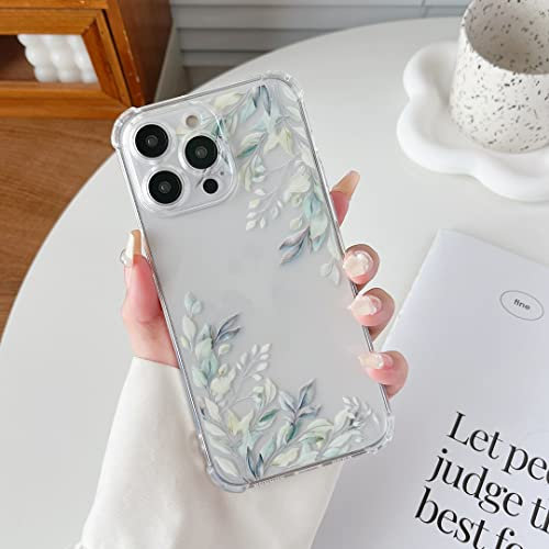 RALEAVO Compatible with iPhone 14 Pro Max (6.7”) Clear Floral Case Girly Soft Slim Bumper Case with Flower Pattern for iPhone 14 Pro Max-Leaf Pattern
