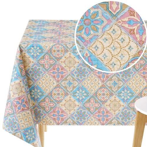 KP HOME Abwischbare PVC-Tischdecke, rechteckig, 300 x 140 cm, abwischbare Tischdecke für bis zu 10 Sitze, wasserdichtes Vinyl-Wachstuch, hell und bunt, portugiesisches Azulejo-Lissabon-Fliesenmuster