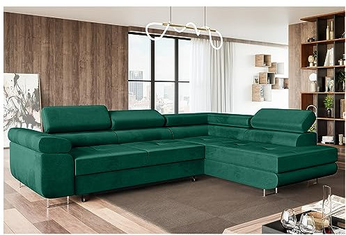 MEBLINI Schlafcouch mit Bettkasten - Ecksofa mit Schlaffunktion - Sofa mit Relaxfunktion und Kopfstützen - Couch L-Form - Eckcouch - Wohnlandschaft - MALIBA - 277x203x63cm Rechts - Grün Samt