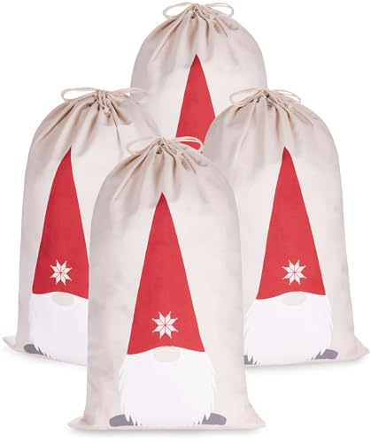 BRUBAKER Weihnachtssack Gnom Zwerg - 80 cm Geschenksack Weihnachten - Nikolaussack Sack Baumwolle mit Kordel zum Verpacken von Geschenken - Weihnachtszwerg mit Bart - 4 Stück