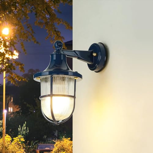 Licht-Erlebnisse Wandleuchte Außen Schwarz, Maritime Außenlampe Messing, Antik, Riffelglas, Balkon, Terrasse, IP64, E27, B:14 cm, nostalgisch, Garten, Wandlaterne Außen