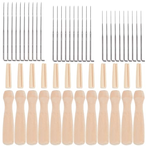WEBEEDY Felting Needles Set 3 Sizes Poking Felting Needle Pen with 12pcs Wooden Punch Needle Holder Handles for Wool Felting Tool Felters Beginners Crafts Supplies