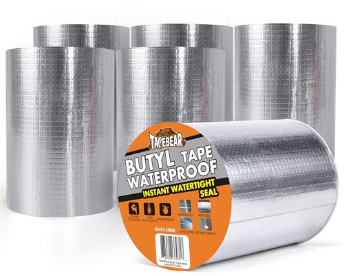 TAPEBEAR Nastro Butilico 150mm x 10m, Nastro Sigillante Impermeabile, Autoadesivo in Alluminio Butilico per Riparazione di Tetti, 6 Rotoli