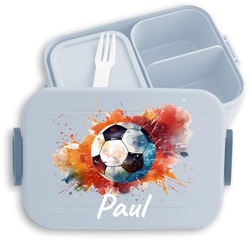 Kinder Bento Box Midi Lunchbox für Mepal Bentobox - Fußball Brotdose mit Name personalisiert I Geschenk Fussball Geschenke - 900 ml - Hellblau - brotbüchse junge schule butterbrotdose grundschule