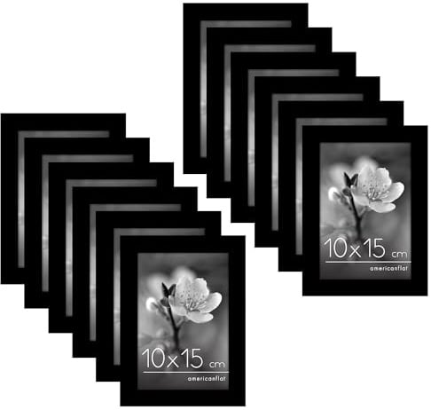 Americanflat Bilderrahmen 10x15 cm 12er Set - MDF-Holz - Schwarz | Mit polierter Plexi-Scheibe, Ständer und integrierter Aufhängung, horizontal & vertikal, für Bildergalerie & Fotowand