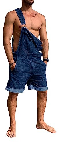 Runcati Herren Denim Overall Shorts Sommer Workwear Verstellbare Jumpsuit Lässige Jeans Kurz Rompers Lose Fit, Dunkelblau, XXL