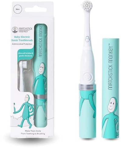 Matchstick Monkey Baby Elektrische Zahnbürste - Sanfte Reinigung für Babys & Kleinkinder - 3-36 Mon. - ultraweiche Borsten & BioCote® Schutz - Schallzahnbürste - inkl. Batterie (Affe)