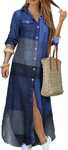 ZICUE Women's Casual Button Front Maxi Summer Dress Plain Tie Dye Party Club Side Long Dress Blue XXL