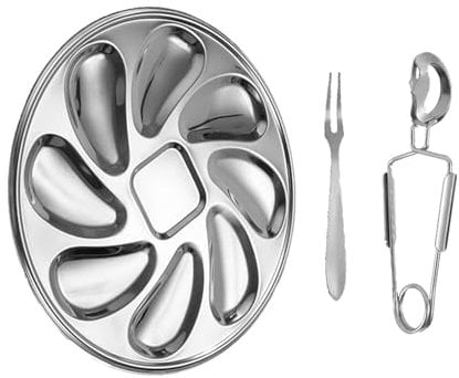 Shurzzesj Plato de ostras,Bandejas de metal para servir - Bandeja de comida al aire libre Soporte para ostras,Bandeja con forma de concha de ostra de 8 ranuras, incluye tenedor y pinza, 8 ranuras,