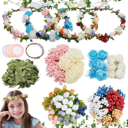 INFUNLY 173pcs/Set DIY Flower Crown Kit Artificial Flower Wreaths Kit Colorful Floral Make Your Own Crowns Fabric Silk Plastic Foam for Wedding Birthday Party Front Door Decor