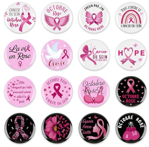 Générique 16 Pièces Broches Octobre Rose 2025 Rose Ruban Pins Broches Accessoires pour Sensibilisation au Cancer du Sein Goodies Badges Gadget