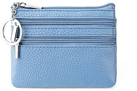 Klein Geldbörse aus echtem Leder, Münzen Geldbörse für Damen, Mini Geldbeutel mit 3 Fächern, Klein Geldbörse Reißverschluss und Schlüsselanhänge, Coin Purse Wallet für Frauen Brieftasche,Hellblau