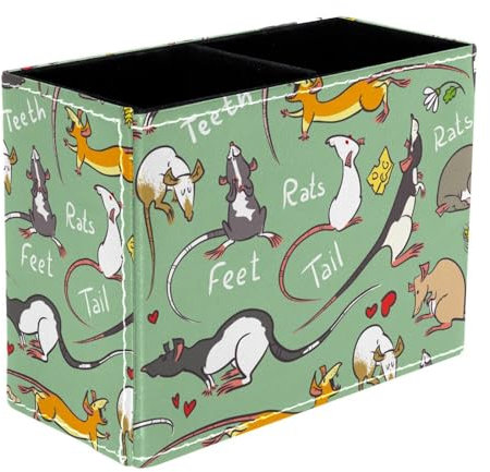 VAPOKF Fancy Rat Animal Green Pen Holder for Desk, 2 Compartments Pen Pot Pencil Holders Makeup Brushes Storage Desktop Stationary Supplies Organiser for Home Office