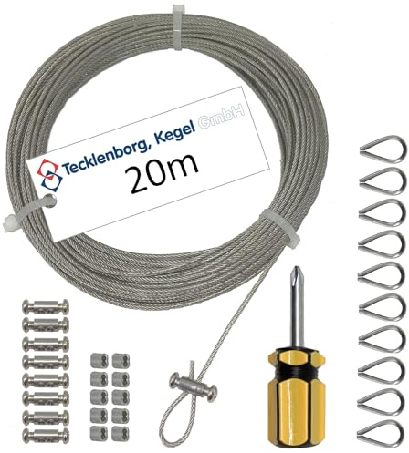 Edelstahlseilset - 6303 - Tecklenborg, Kegel GmbH | 20m, 7x7 - 1,5mm Ø Niro Drahtseil mit PVC auf 2,0 mm Außendurchmesser ummantelt incl. Zubehör