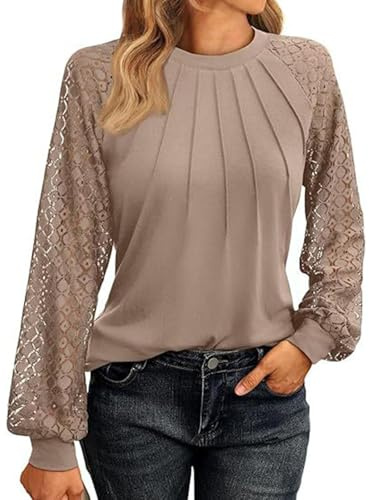 Générique Ventes Flash du Jour Chemisier Femme Chic et Élégant Pull Femme Haut Dentelle Tee Shirt Manche Longue Tunique Femme Blouse Casual Tops Cadeau Femme Kaki S