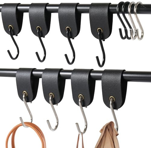 Samulee 8 Stück S Haken mit Lederschlaufe und 4 Stück S Haken 6cm, Haken zum Einhängen Maximale Traglast 15 kg, Metall Haken für Kleiderstange, Küche, Schlafzimmer, Wohnzimmer(12.5 x 3 cm, Schwarz)