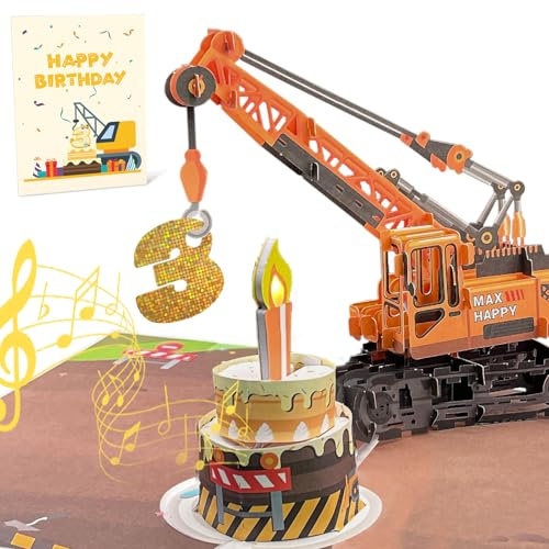 HZYKDWD Geburtstagskarte zum 3. Geburtstag mit Licht und Musik, Kranwagen-Karte für Jungen, Neffen, Enkel, Sohn, Kleinkind, mit Umschlag, Grußkarte – beim Öffnen spielt sie den Hit „Happy Birthday“.
