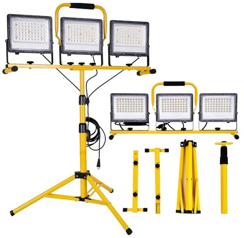 30000 Lumen LED Work Lights with Stand - 3 Adjustable Head Waterproof Foldable Tripod Light, 6500K Daylight (47-68 Height) & 18FT Cord - IP66 Rated for Construction Sites, Garage, Outdoor
