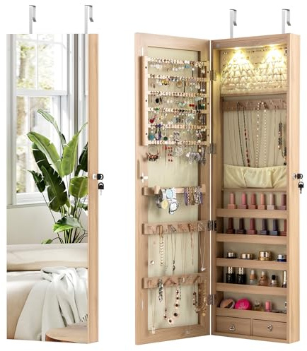 COSTWAY Schmuckschrank mit LED Spiegel, Schmuckregal abschließbar mit Schlüsseln, Wandspiegel Spiegelschrank hängend, Schmuckaufbewahrung 120 x 35,5 x 10 cm (Beige)