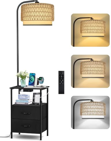 OUTONLIFE Stehlampe mit Tisch & Rattan-Schirm,2 Stoffboxen, dimmbare LED Standleuchte mit Fernbedienung, 3 Farbtemperaturen, Nachttisch mit Ladefunktion,Beistelltisch für Wohnzimmer Schlafzimmer Büro