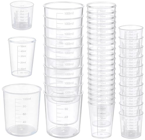 CAIYUANGUANGJIN 50Pcs Plastic Measuring Cups, 30/50/100ml Resin Mixing Cups, Medicine Measuring-Cup, Graduated Resin Paint Measuring Cup for Kitchen Painting Crafts Laboratory