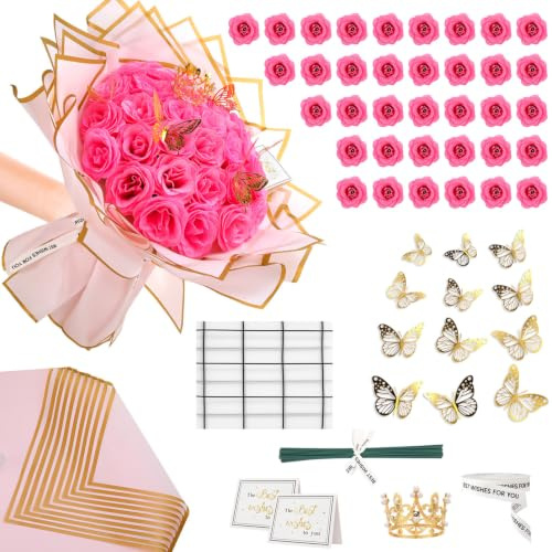 saerryor 36 PCS Glitter Roses Bouquet Kit,Sparkling Flower(Pink Roses) | with crown and butterfly ornaments, ideal for valentine wedding birthday mother's day anniversary engagement gift DIY crafts