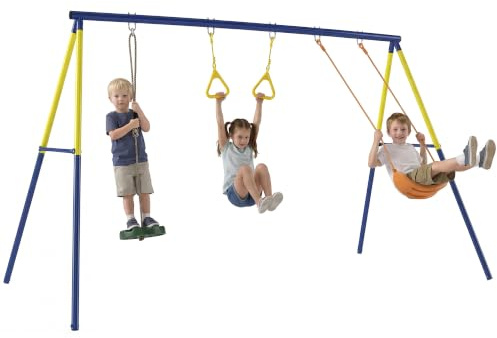 AIYAPLAY Set Altalena da Giardino 3 in 1 per Bambini, 285x160x181 cm | Altalena in Piedi, Anelli da Ginnastica, Telaio A in Acciaio, Altalene Doppie, Capacità 150kg, Esterno, 3-8 Anni