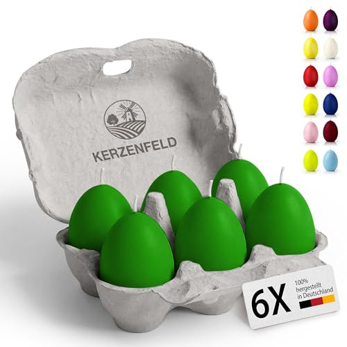 Bunte Eierkerzen 6 Stück, 60 x 45mm hochwertige Osterdeko - Ostereier Kerzen mit 7+ Stunden brenndauer, Made in Germany - Unparfümiert und RAL-Zertifiziert (Grün)