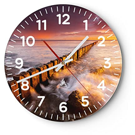 Modern Wanduhr Boot Landschaft Meer Ostsee 30x30cm Rund Klein Wand Uhr Glas Analog Zimmeruhren Küche Büro Wohnzimmer Glasuhr Wall Clock Dekoration Design Wanddekoration Küchenuhr C4AR30x30-3137