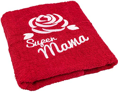 Abc Casa Geschenk zum Geburtstag für Mama oder Muttertag - Handtuch mit gestickter Rose und Super Mama - eine praktische Geschenkidee für Mutter - EIN dauerhaft nützliches Geschenk