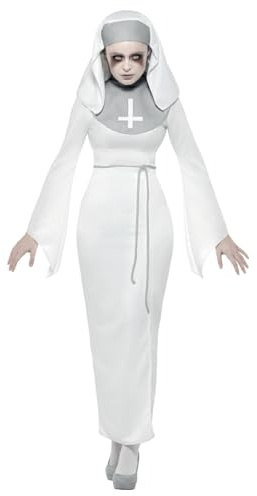 Smiffys Haunted Asylum Nun Costume, White with Dress, Belt & Headpiece, Halloween Adult Fancy Dress, Nun Dress Up Costumes