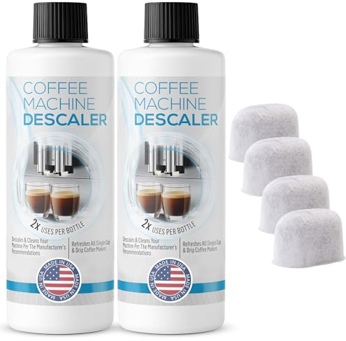 Kaffeemaschinen-Entkalkungslösung für 4 Anwendungen plus 4 Filter, Universal-Entkalkungskonzentrat für alle Keurig 1.0 & 2.0 K-Cup Pad-Maschinen und Espressomaschinen