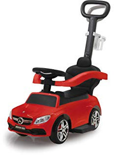 JAMARA 460446 - Rutscher Mercedes-AMG C 63 3in1 - Kippschutz, Kofferraum, Schub-und Haltestange mit Lenkfunktion, Rückenlehne, Schutzbügel, ausziehbare Fußauflage, Sound/Hupe am Lenkrad, rot