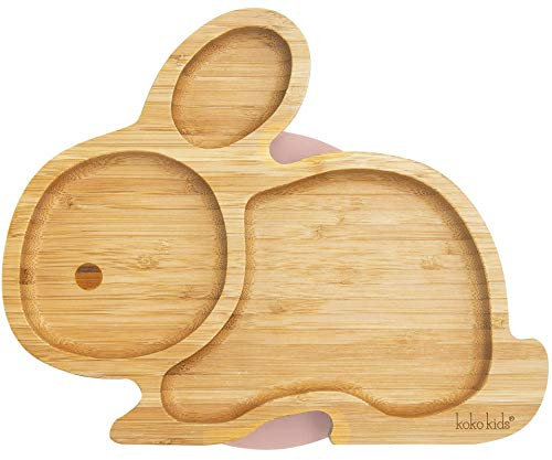 Koko Kids Hase Saugnapfplatte, aus natürlichem Bambus ~ Baby- und Kleinkind-Fütterungsplatte mit starkem Saugring (Rosa)
