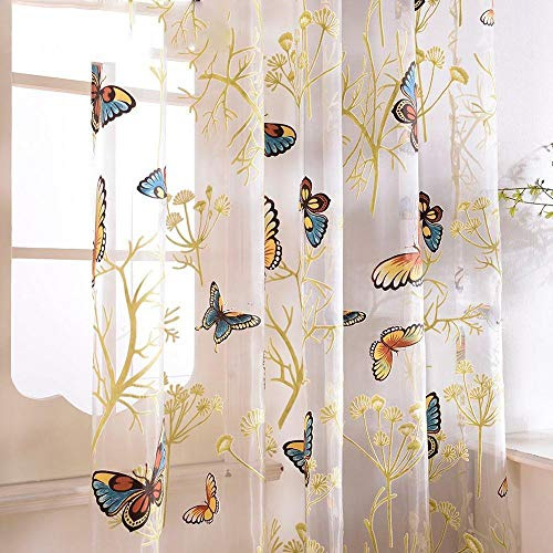 Butterfly Curtains Tulle Window Curtain for Living Room Bedroom Kitchen Curtains Printed Sheer Voile Curtains,4 Tape for Hooks,W150 x H250cm