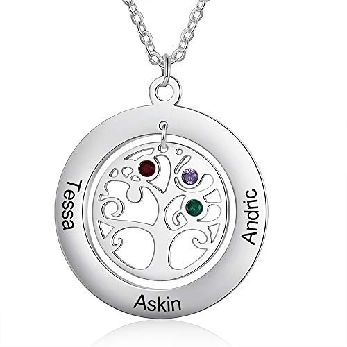 Personalized Tree of Life Pendant Necklace Women Name Necklace with 2-9 Birthstone Engraved Mother Daughter Necklace Family Jewelry for Mother's Day Birthday (3 stones & 3 names)