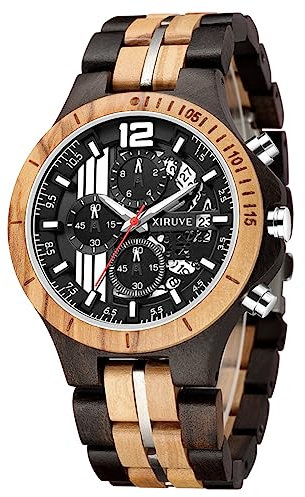 XIRUVE Holz Quarz Armbanduhr für Herren Datum Chronograph mit Geschenkbox Naturholz (Silber)
