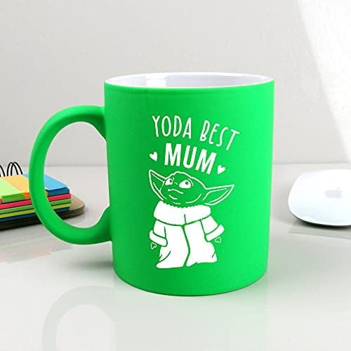 eBuyGB Personalised Coffee Mug, Neon Green Baby Yoda Mug, 310ml Star Wars Themed Tea Cup, Gifts for Mum from Daughter, Son (Yoda Best Mum)